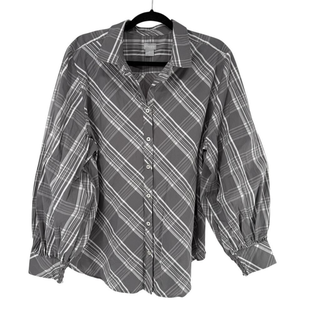 Chicos Top Size 4 US 20 Gray Plaid Billow Sleeve Button Up Collared Long Sleeve